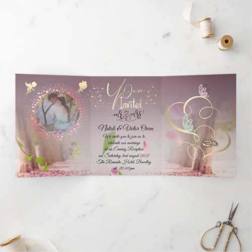 elegant wedding with purine and angel Tri_Fold invitation