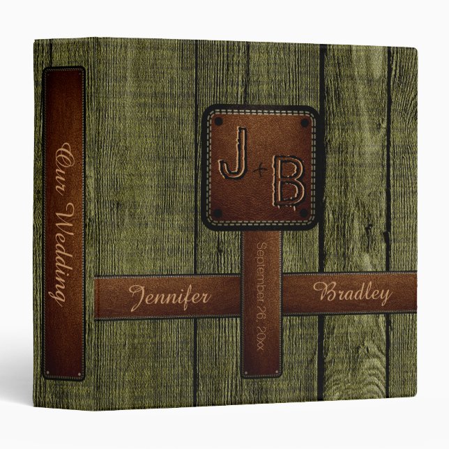 Elegant Wedding Wood Leather Look #9 3 Ring Binder (Front/Spine)