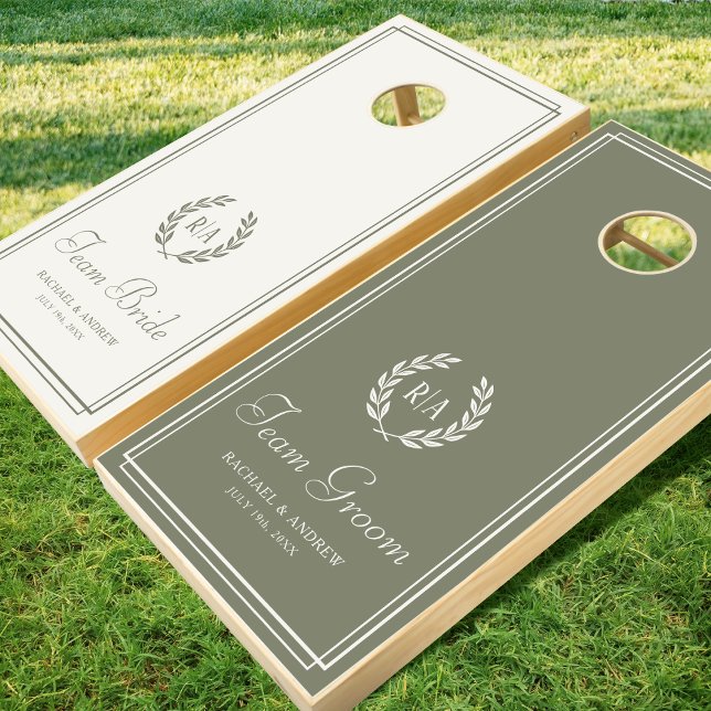 Elegant Wedding Wreath Monogram Green Cream Cornhole Set (Creator Uploaded)
