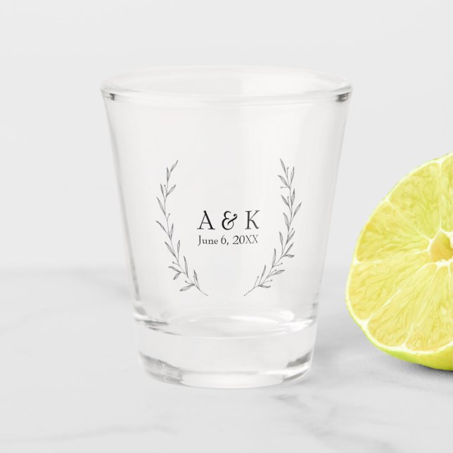 Elegant Wedding Wreath Personalized Initials Shot Glass (Front)