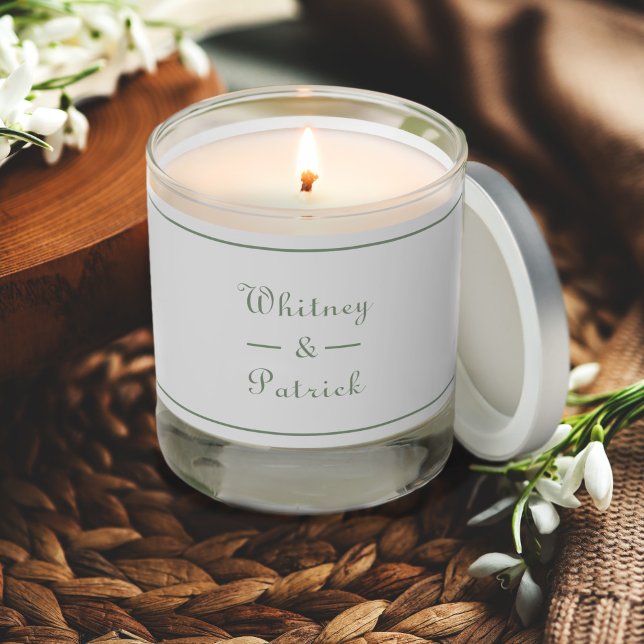 Elegant Weddings Couple Newlyweds Sage Green White Scented Candle (Elegant Weddings Couple Newlyweds Sage Green White Scented Candle Shown with lid)