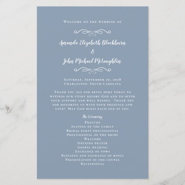 Elegant Weddings Dusty Blue Chic Ceremony Program  (Front)