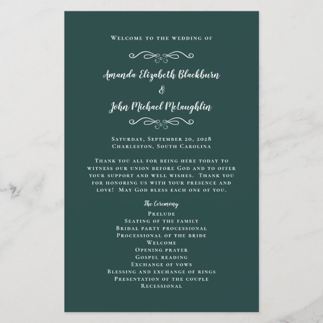 Elegant Weddings Emerald Modern Ceremony Programs (Front)