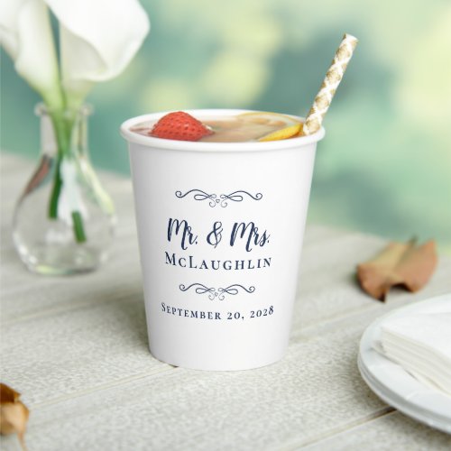 Elegant Weddings Mr  Mrs Couple Blue White Chic Paper Cups