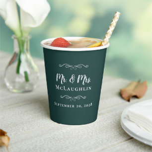 Elegant Weddings Mr & Mrs Couple Emerald Green Paper Cups