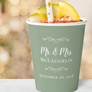 Elegant Weddings Sage Green Mr & Mrs Couple Paper Cups