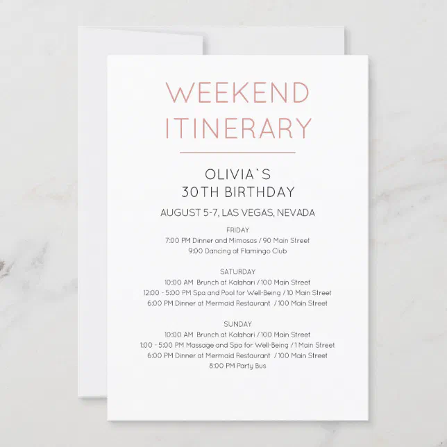 Elegant Weekend Birthday Itinerary Invitation Zazzle 3818