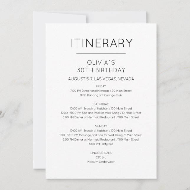 Elegant Weekend Birthday Itinerary Invitation (Front)