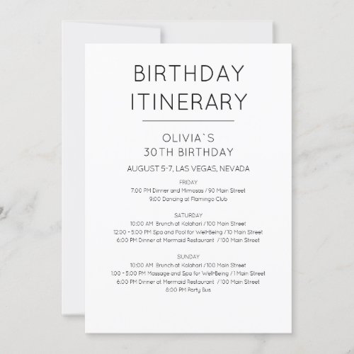 Elegant Weekend Birthday Itinerary Invitation