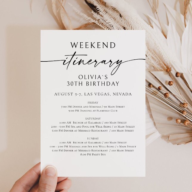 Elegant Weekend Birthday Itinerary Invitation (Birthday Bridal Shower Weekend Itinerary Card)
