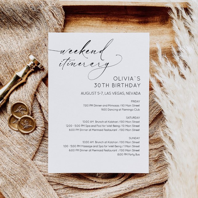 Elegant Weekend Birthday Itinerary Invitation (Birthday Bridal Shower Weekend Itinerary Card)