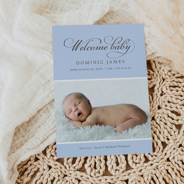 Elegant Welcome Baby Boy Powder Blue Photo Birth Announcement (Creator Uploaded)