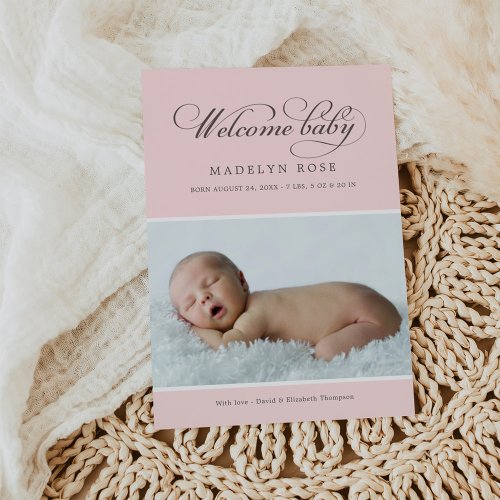 Welcome Baby Photo Birth Announcement Card | Pink