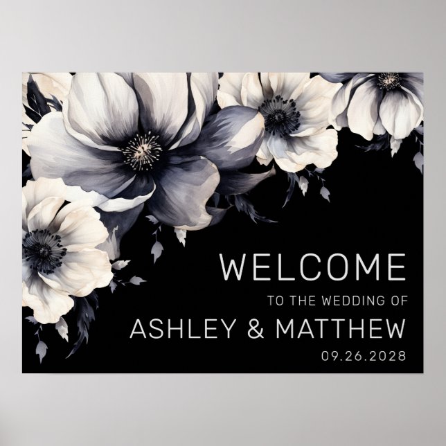 Elegant Welcome Black White Floral Welcome Sign (Front)