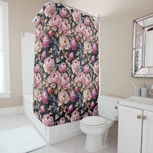Elegant Welcome Blush Pink Peony Floral Black Shower Curtain