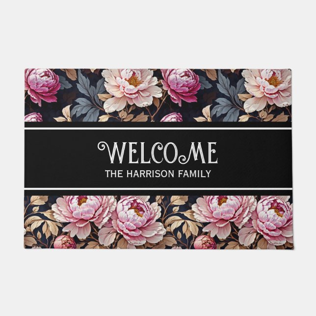 Elegant Welcome Blush Pink Peony Floral Doormat (Front)