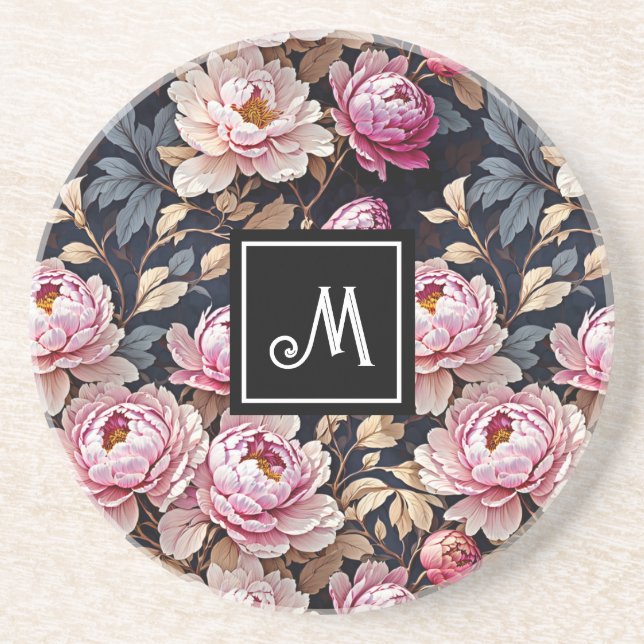 Elegant Welcome Blush Pink Peony Floral Monogram Coaster (Front)
