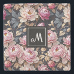 Elegant Welcome Blush Pink Peony Floral Monogram Stone Coaster<br><div class="desc">Beautiful blush pink peony flower greenery doormat on a black background.</div>