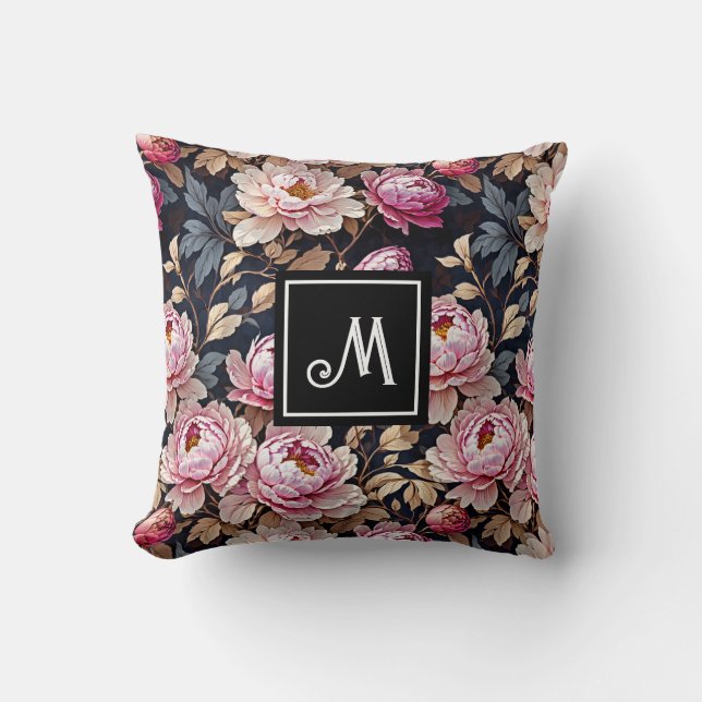 Elegant Welcome Blush Pink Peony Floral Monogram Throw Pillow (Front)