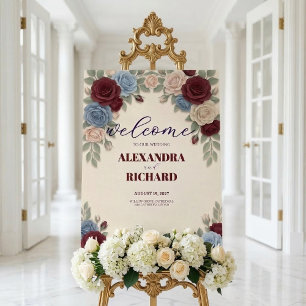 Elegant Welcome Burgundy Rose Wedding Sign