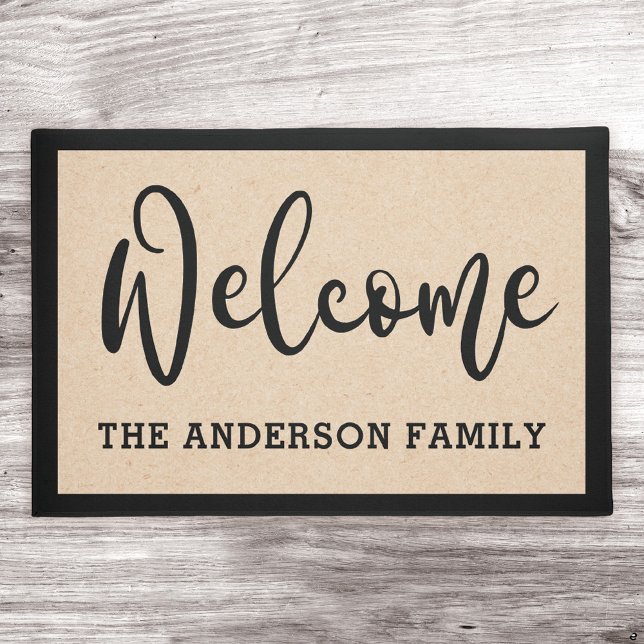 Elegant welcome family name neutral black border doormat (Creator Uploaded)