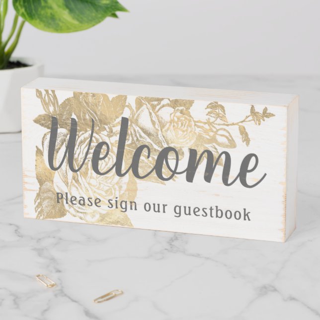 Elegant Welcome Gold Roses Wooden Box Sign (In Situ Horizontal)