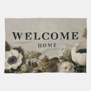 Elegant "Welcome Home" Greeting with Botanical Art Kitchen Towel