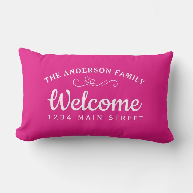 Elegant Welcome Hot Pink Personalized Family Name Lumbar Pillow (Front)