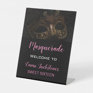 Elegant Welcome Pink Black Masquerade Birthday Pedestal Sign