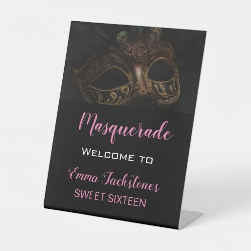 Elegant Welcome Pink Black Masquerade Birthday  Pedestal Sign