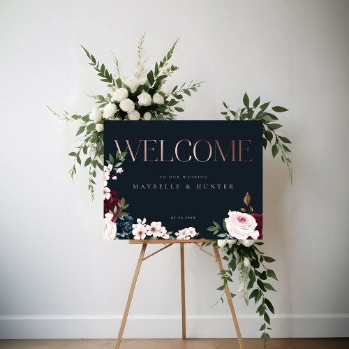 Elegant Welcome Rose Gold Burgundy  Navy Florals Poster