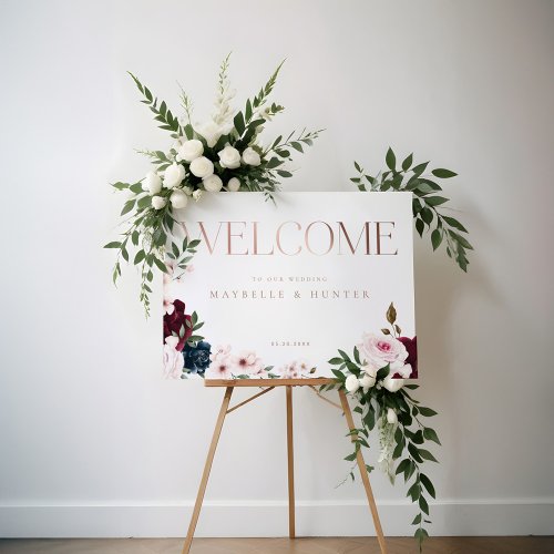 Elegant Welcome Rose Gold Burgundy  Navy Florals Poster