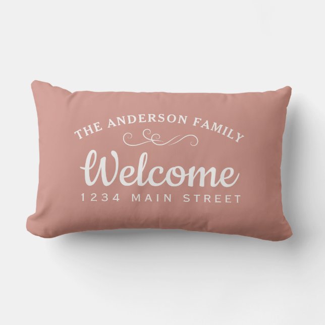 Elegant Welcome Rose Gold Personalized Family Name Lumbar Pillow (Front)