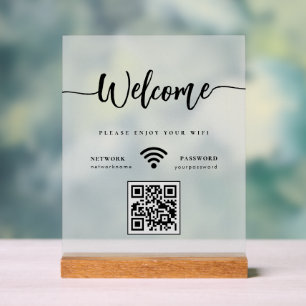 Elegant Welcome Script WIFI QR Code Frosted Acrylic Sign