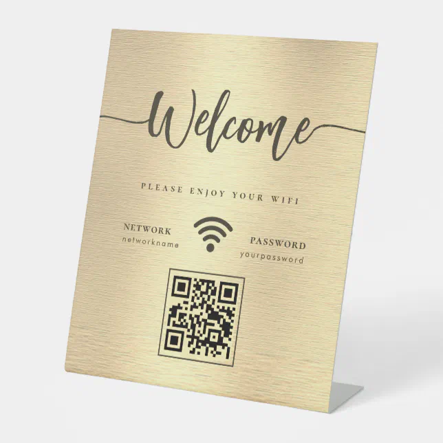 Elegant Welcome Script WIFI QR Code Metallic Gold Pedestal Sign | Zazzle