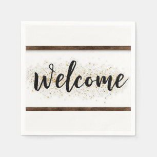 Elegant Welcome Sign in Black Script with Glitter Napkins