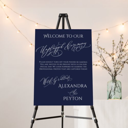 Elegant Welcome to Our Unplugged Ceremony Navy Foam Board