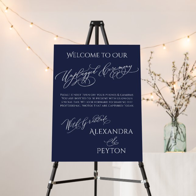 Elegant Welcome to Our Unplugged Ceremony Navy Foam Board (In Situ (Stand))