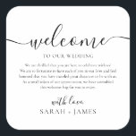 Elegant Welcome To Our Wedding Welcome Bag Square Sticker<br><div class="desc">Welcome to our Wedding Label for Wedding Welcome Bag. Design features a minimalist style text layout. To make advanced changes,  please select "Click to customize further" option under Personalize this template.</div>