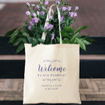 Elegant Welcome Wedding Guest Favors Periwinkle Tote Bag<br><div class="desc">Elegant, classic wedding guest favor bag features a chic design in trendy periwinkle blue on a transparent background that showcases the natural background material & color. This modern simple design provides timeless, classic sophistication. Personalize the names of the couple and event date in elegant periwinkle lettering and script. These are...</div>