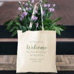 Elegant Welcome Wedding Guest Favors Sage Green Tote Bag<br><div class="desc">Elegant, classic wedding guest favor bag features a chic design in rustic sage green on a transparent background that showcases the natural background material & color. This modern simple design provides timeless, classic sophistication. Personalize the names of the couple and event date in elegant green lettering and script. These are...</div>