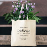 Elegant Welcome Wedding Hotel Guest Favor Black Tote Bag<br><div class="desc">Elegant, classic wedding guest favor bag features a chic design in sophisticated black on a transparent background that showcases the natural background material & color. This modern simple design provides timeless, classic sophistication. Personalize the names of the couple and event date in elegant lettering and script. These are a perfect...</div>