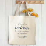 Elegant Welcome Wedding Hotel Guest Favor Blue     Tote Bag<br><div class="desc">Elegant, classic wedding guest favor bag features a chic design in trendy navy blue on a transparent background that showcases the natural background material & color. This modern simple design provides timeless, classic sophistication. Personalize the names of the couple and event date in elegant navy blue lettering and script. These...</div>