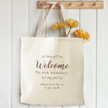 Elegant Welcome Wedding Hotel Guest Favor Brown Tote Bag<br><div class="desc">Elegant, classic wedding guest favor bag features a chic design in trendy brown on a transparent background that showcases the natural background material & color. This modern simple design provides timeless, classic sophistication. Personalize the names of the couple and event date in elegant rustic brown lettering and script. These are...</div>