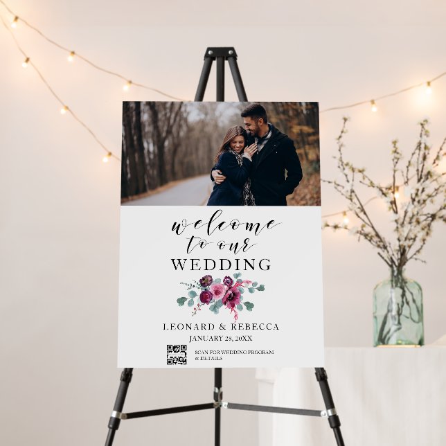 Elegant Welcome wedding photo sign QR code (In Situ (Stand))