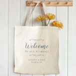 Elegant Welcome Weddings Guest Favors Dusty Blue Tote Bag<br><div class="desc">Elegant, classic wedding guest favor bag features a chic design in trendy dusty blue on a transparent background that showcases the natural background material & color. This modern simple design provides timeless, classic sophistication. Personalize the names of the couple and event date in elegant dusty blue lettering and script. These...</div>