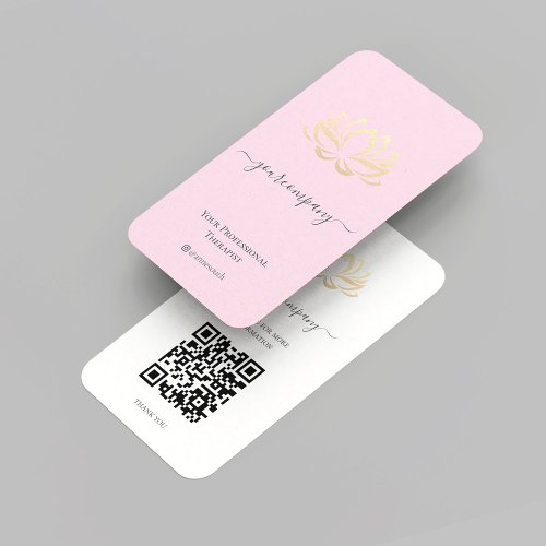 Elegant Wellness Spa Therapist Pink Gold Lotus QR Business Card