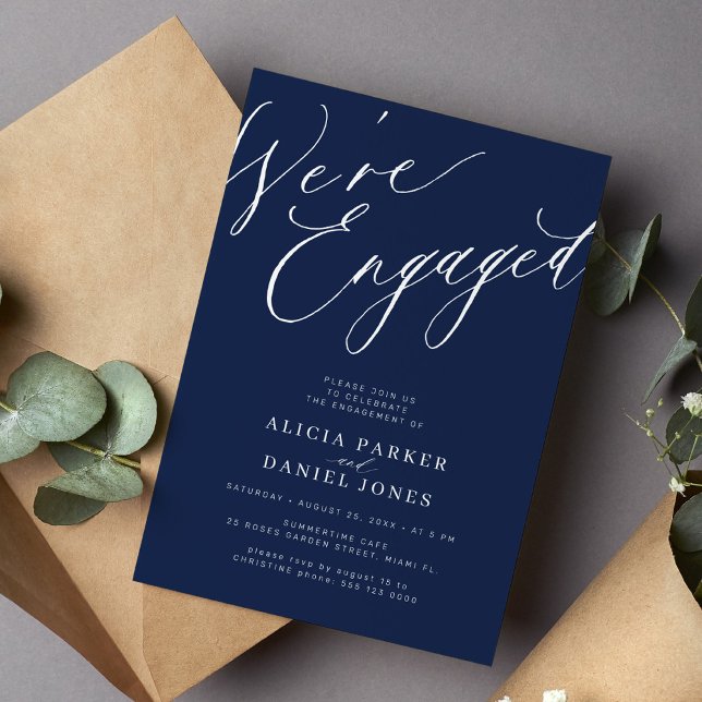 Elegant We're Engaged navy blue engagement party Invitation (Creator Uploaded)