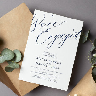 Elegant We're Engaged navy white engagement party Invitation
