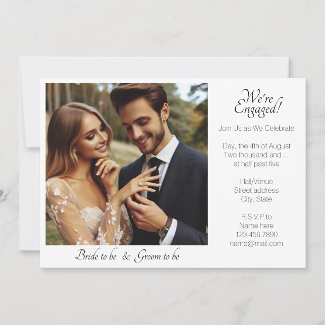 Elegant We're Engaged Photo Black and White Announcement (Front)
